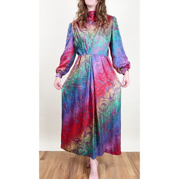 Vintage 100% Silk 70s Evening Gown Maxi Dress Formal Goddess Draped Floral Fancy - Picture 3 of 7